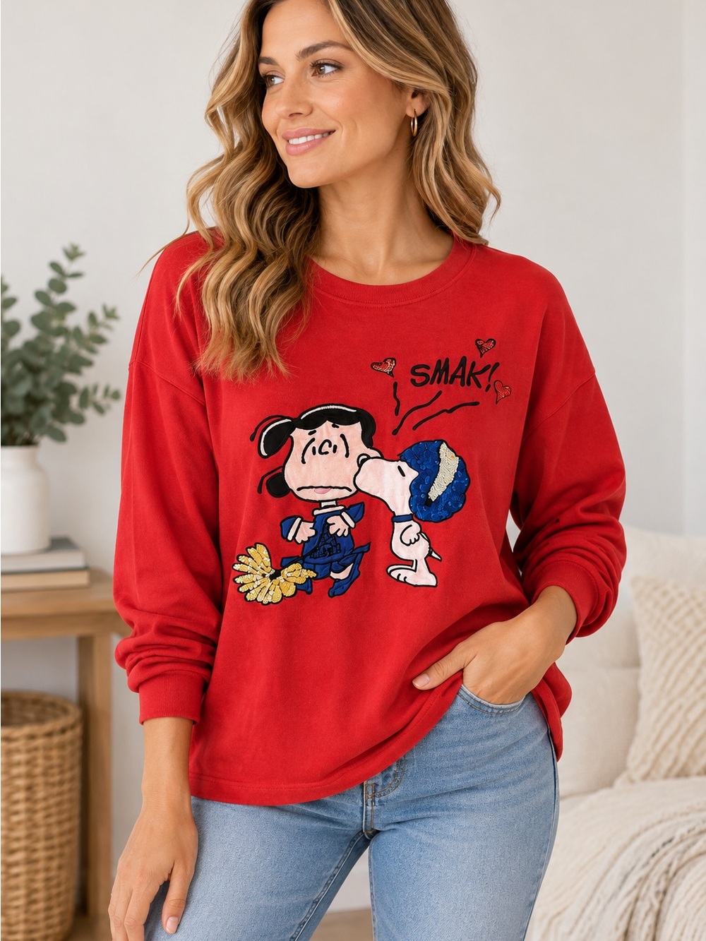 Vintage 90s Peanuts Marisa Christina Snoopy Lucy Football Sequin Applique Top